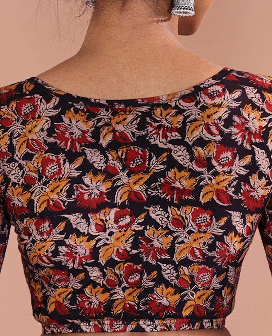 Black Readymade Blouse Artfully Detailed with Floral Motifs Print, Featuring Front Round Neck, Back Boat Neck, and Half-Sleeves