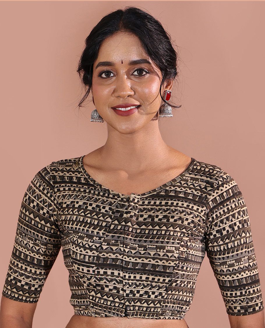 Grey Readymade Blouse Detailed with Batik-style Geometric Motifs Print, Featuring Front Round Neck, Back Boat Neck, and Half-Sleeves