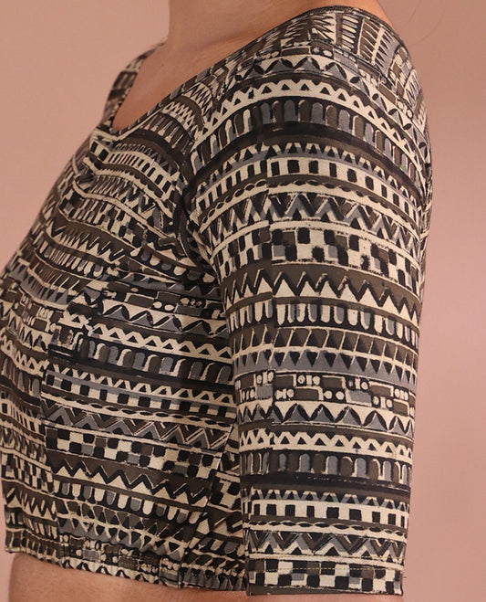 Grey Readymade Blouse Detailed with Batik-style Geometric Motifs Print, Featuring Front Round Neck, Back Boat Neck, and Half-Sleeves