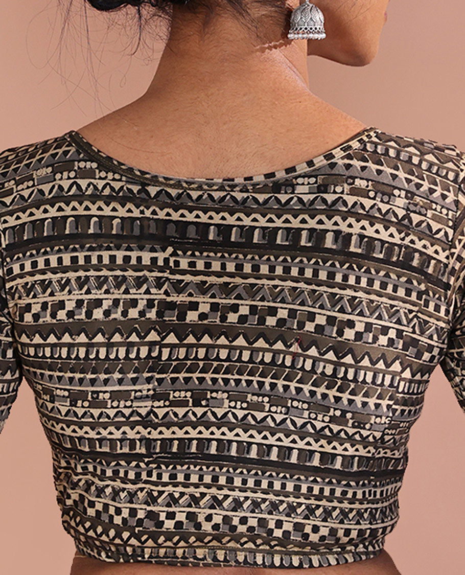 Grey Readymade Blouse Detailed with Batik-style Geometric Motifs Print, Featuring Front Round Neck, Back Boat Neck, and Half-Sleeves