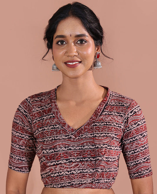 Pink Readymade Blouse Adorned with Geometric Motifs Print, Featuring Front Leaf-Neck, Back Closed Neck, and Half-Sleeves