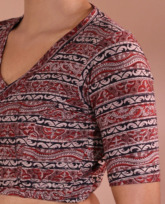 Pink Readymade Blouse Adorned with Geometric Motifs Print, Featuring Front Leaf-Neck, Back Closed Neck, and Half-Sleeves