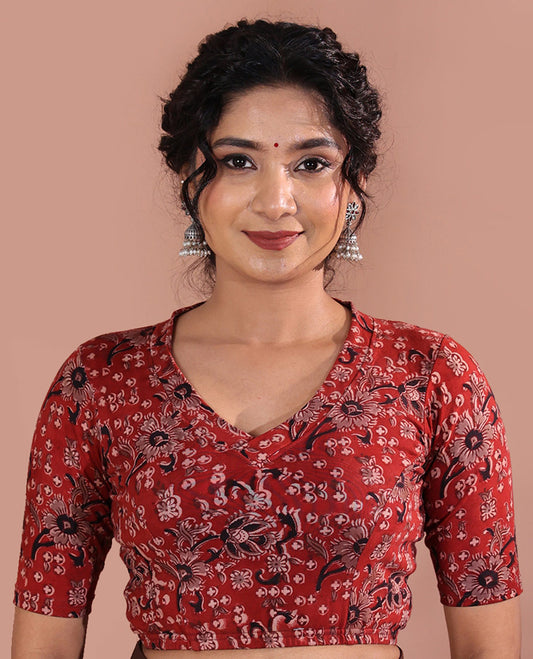 Red Readymade Blouse Prettified with Floral Motif Print, Featuring Front Leaf-Neck, Back Closed Neck, and Half-Sleeves
