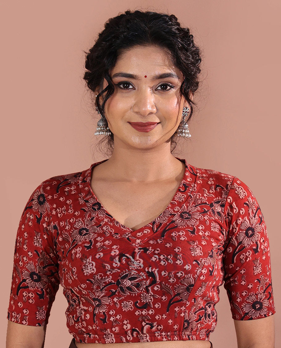 Red Readymade Blouse Prettified with Floral Motif Print, Featuring Front Leaf-Neck, Back Closed Neck, and Half-Sleeves