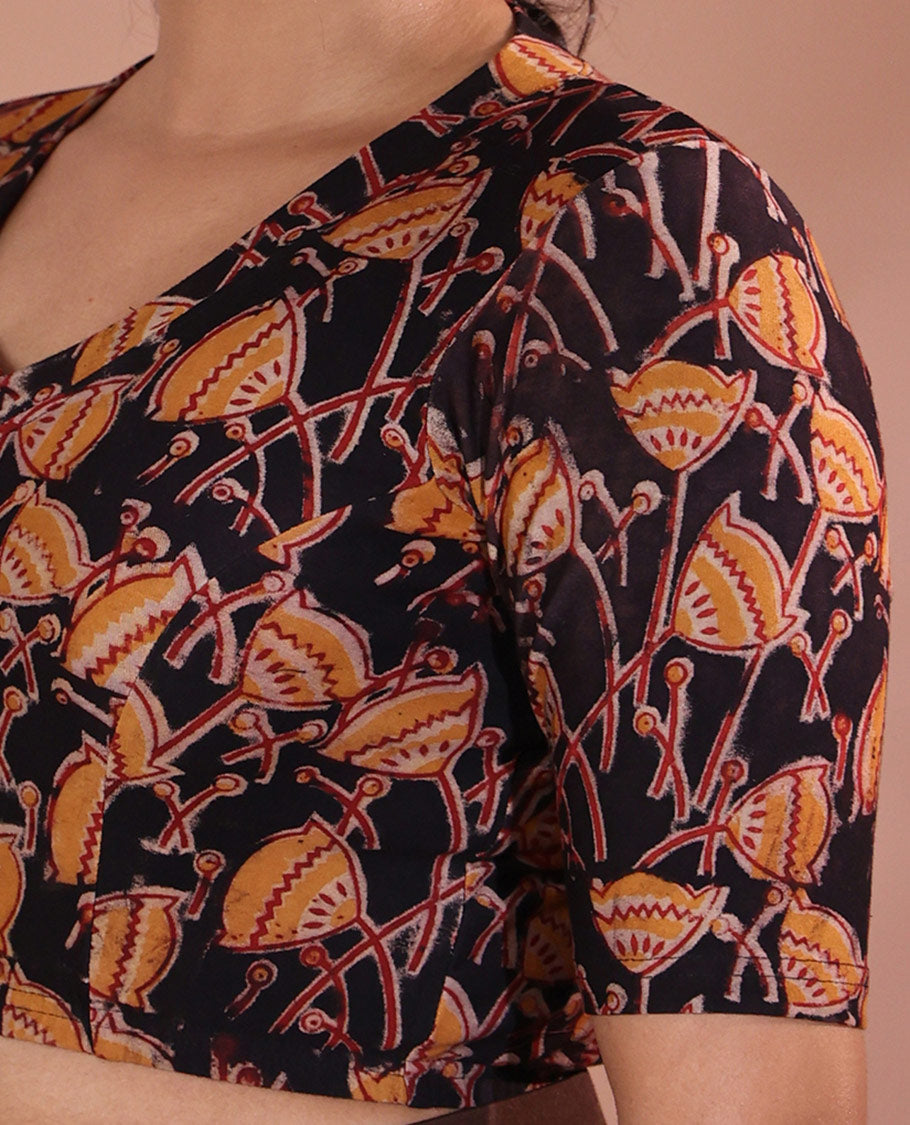 Black Readymade Blouse Beautified with Pichwai Lotus Motifs Print, Featuring Front Leaf-Neck, Back Closed Neck, and Half-Sleeves