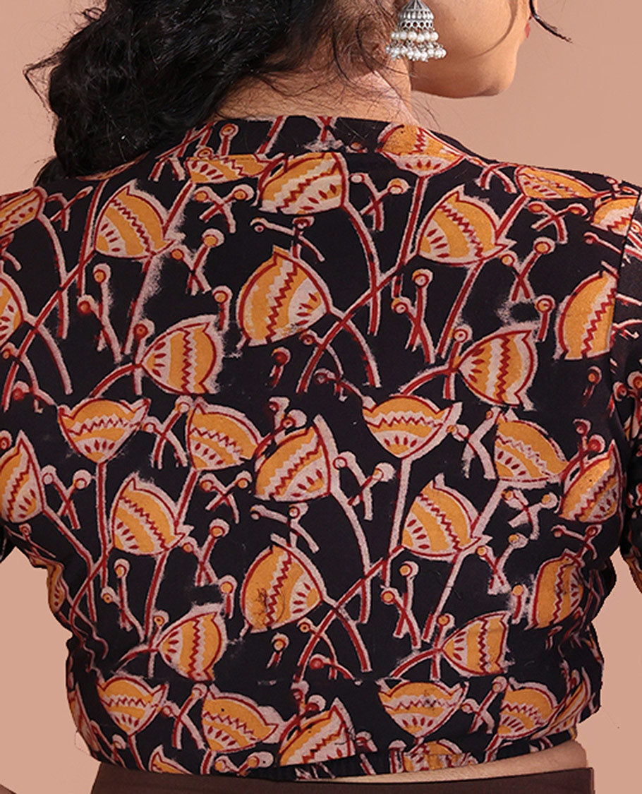 Black Readymade Blouse Beautified with Pichwai Lotus Motifs Print, Featuring Front Leaf-Neck, Back Closed Neck, and Half-Sleeves
