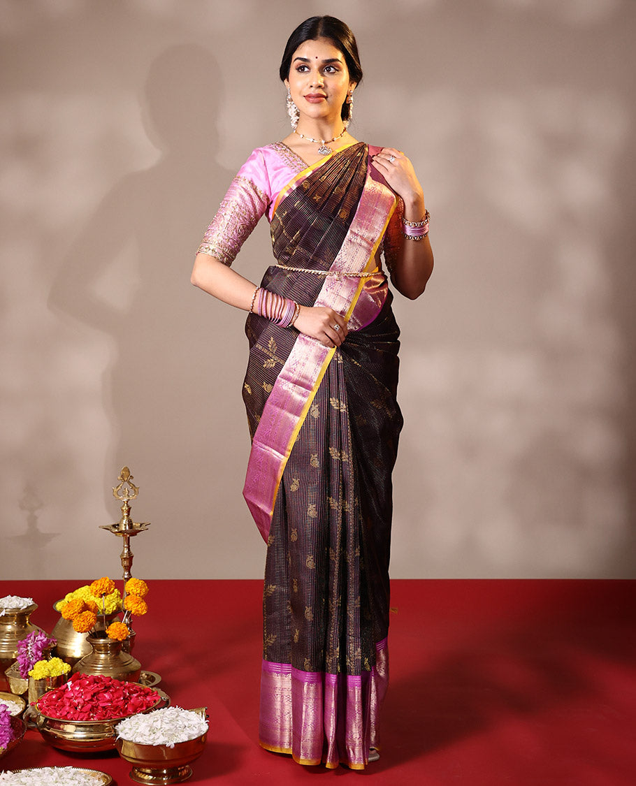 Dark navy blue zari checked and zari buttas silk saree, contrast zari woven border of sunflower motifs, and intricate pallu