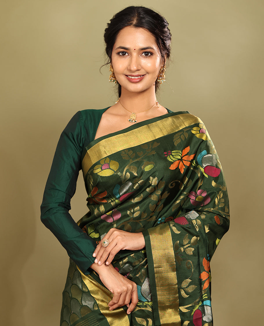 Green Uppada Saree, Artfully Detailed with Meenakari Floral Vine Weave, a Subtle Zari Border, Scallop-Patterned Pallu, and a Matching Blouse
