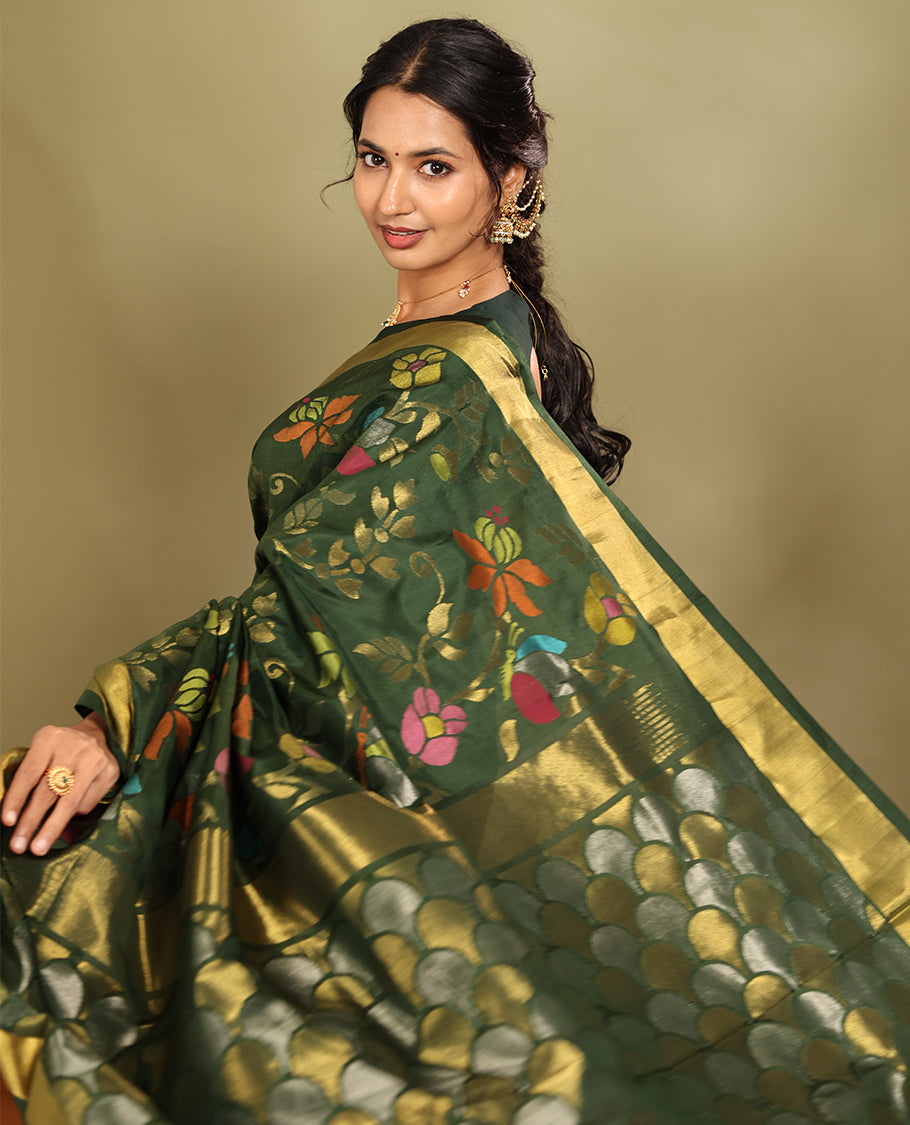 Green Uppada Saree, Artfully Detailed with Meenakari Floral Vine Weave, a Subtle Zari Border, Scallop-Patterned Pallu, and a Matching Blouse
