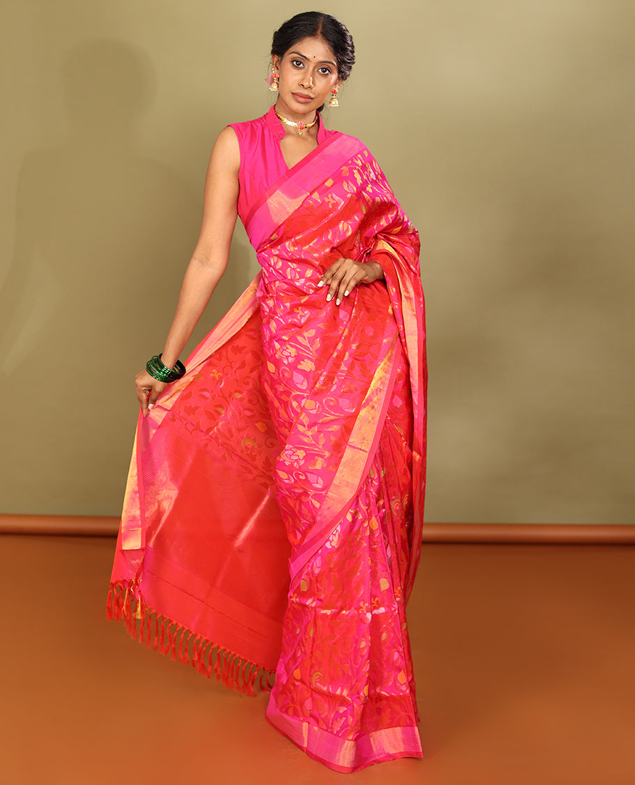Rani Pink Uppada Saree, Enriched with Floral Vine Weave, a Subtle Zari Border, a Gleaming Zari Pallu, and a Matching Blouse