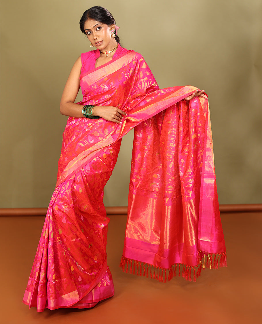 Rani Pink Uppada Saree, Enriched with Floral Vine Weave, a Subtle Zari Border, a Gleaming Zari Pallu, and a Matching Blouse
