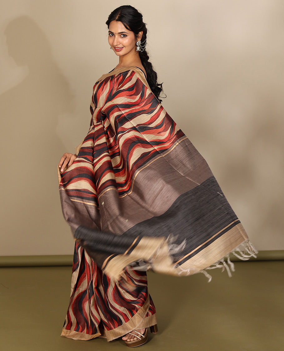 Multi-Color Tussar Silk Saree, Adorned with an Abstract Print, a Subtle Contrast Border, a Dual-Color Pallu, and a Contrast Blouse
