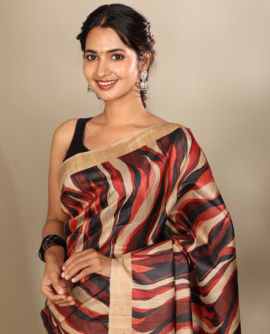 Multi-Color Tussar Silk Saree, Adorned with an Abstract Print, a Subtle Contrast Border, a Dual-Color Pallu, and a Contrast Blouse
