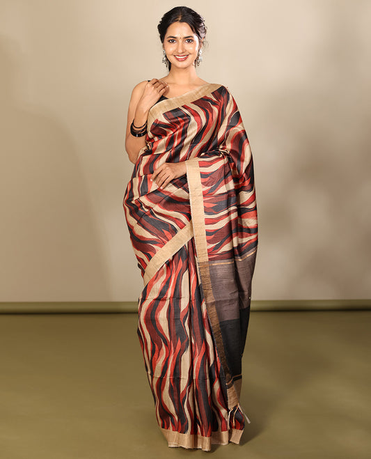 Multi-Color Tussar Silk Saree, Adorned with an Abstract Print, a Subtle Contrast Border, a Dual-Color Pallu, and a Contrast Blouse