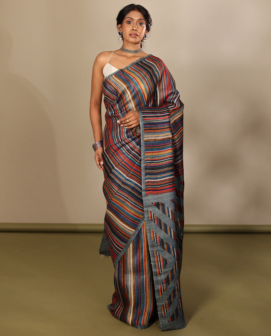 Borderless Multi-Color Tussar Silk Saree, Steeped with Abstract Stripes Print, a Subtle Chevron Striped Pallu, and a Contrast Blouse