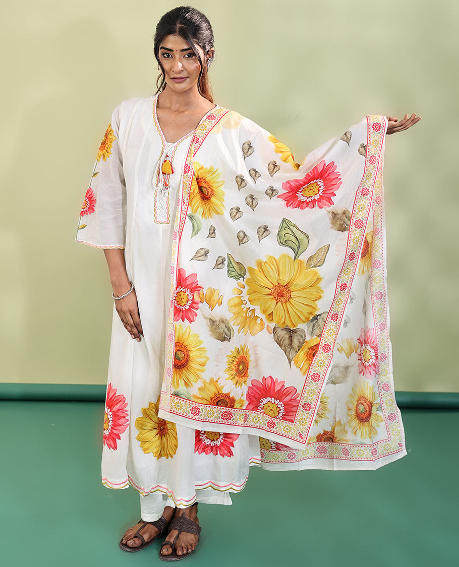 White Cotton Readymade Suit, Features Sunflower Print with Outline Embroidered V-neck 3/4 th Sleeved Umbrella Top, a Subtle Straight-Cut Pants, and a Floral Print-Embroidered Dupatta