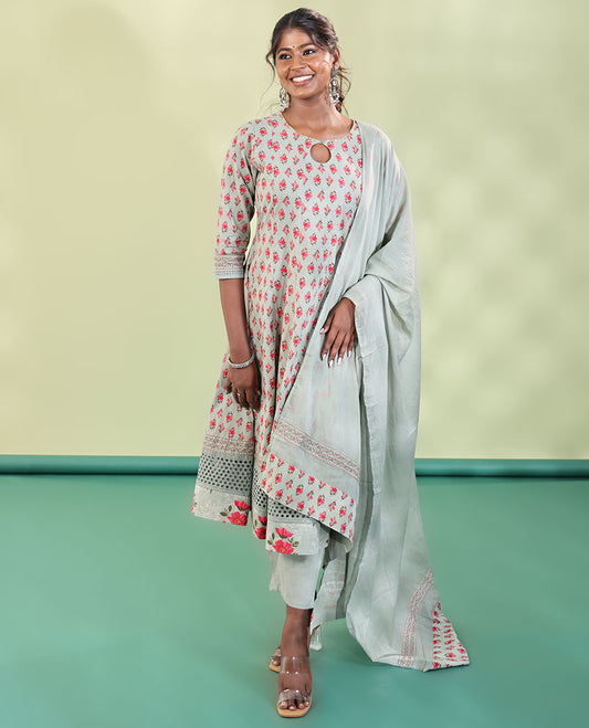 Green Cotton Readymade Suit, Comes with a Floral Printed Key-Hole Necked 3/4th Sleeved Acoba Cut-work Top, a Straight-Cut Pants, and a Floral Printed Dupatta