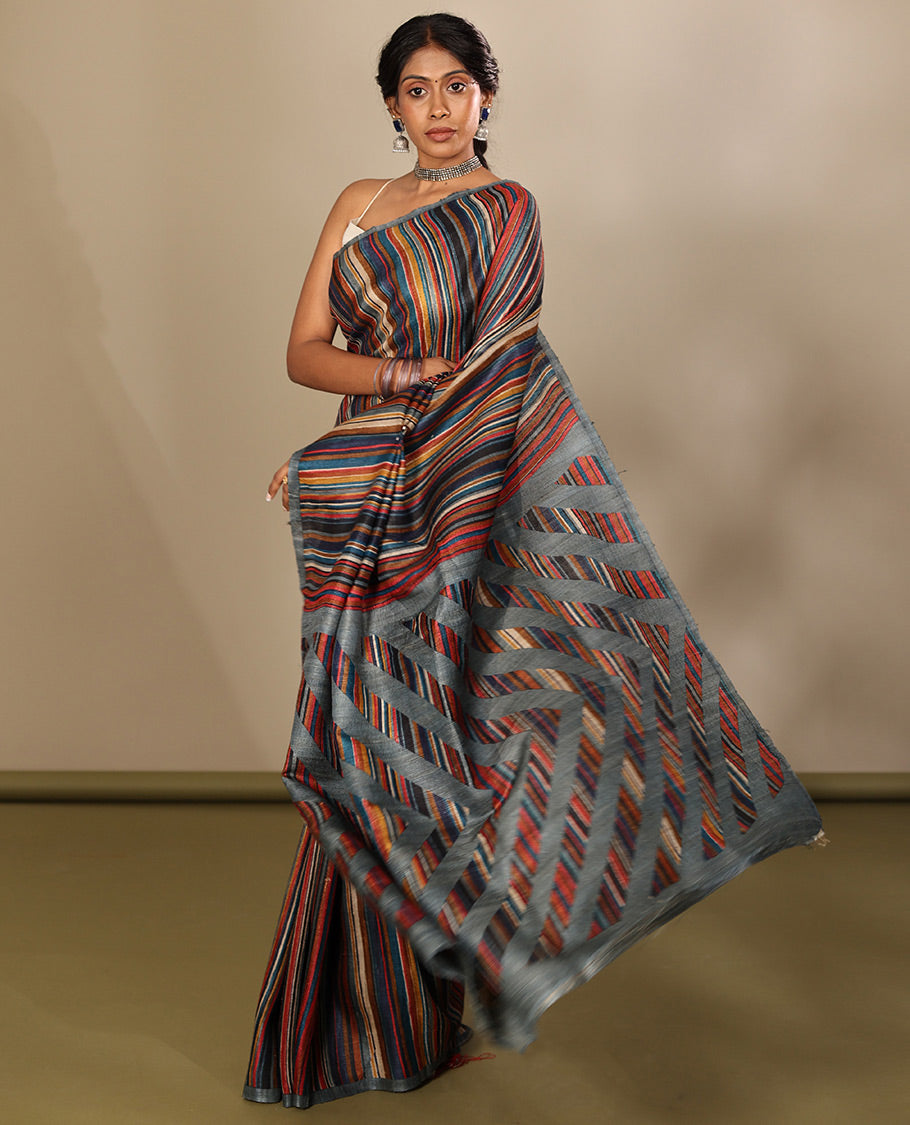 Borderless Multi-Color Tussar Silk Saree, Steeped with Abstract Stripes Print, a Subtle Chevron Striped Pallu, and a Contrast Blouse