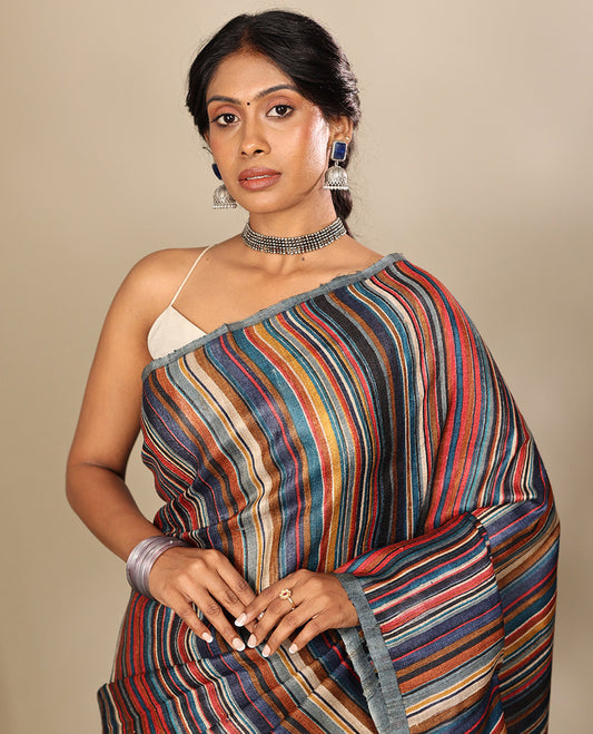 Borderless Multi-Color Tussar Silk Saree, Steeped with Abstract Stripes Print, a Subtle Chevron Striped Pallu, and a Contrast Blouse
