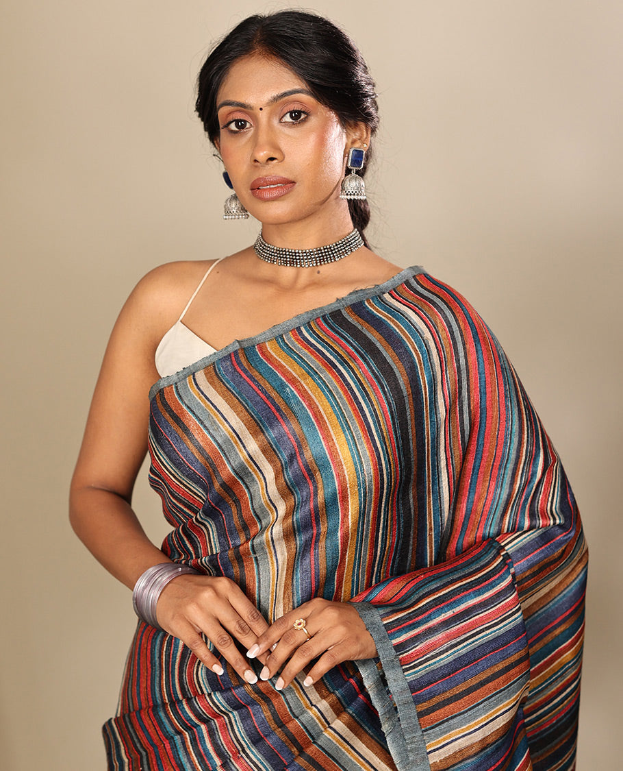 Borderless Multi-Color Tussar Silk Saree, Steeped with Abstract Stripes Print, a Subtle Chevron Striped Pallu, and a Contrast Blouse