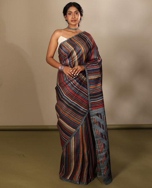 Borderless Multi-Color Tussar Silk Saree, Steeped with Abstract Stripes Print, a Subtle Chevron Striped Pallu, and a Contrast Blouse