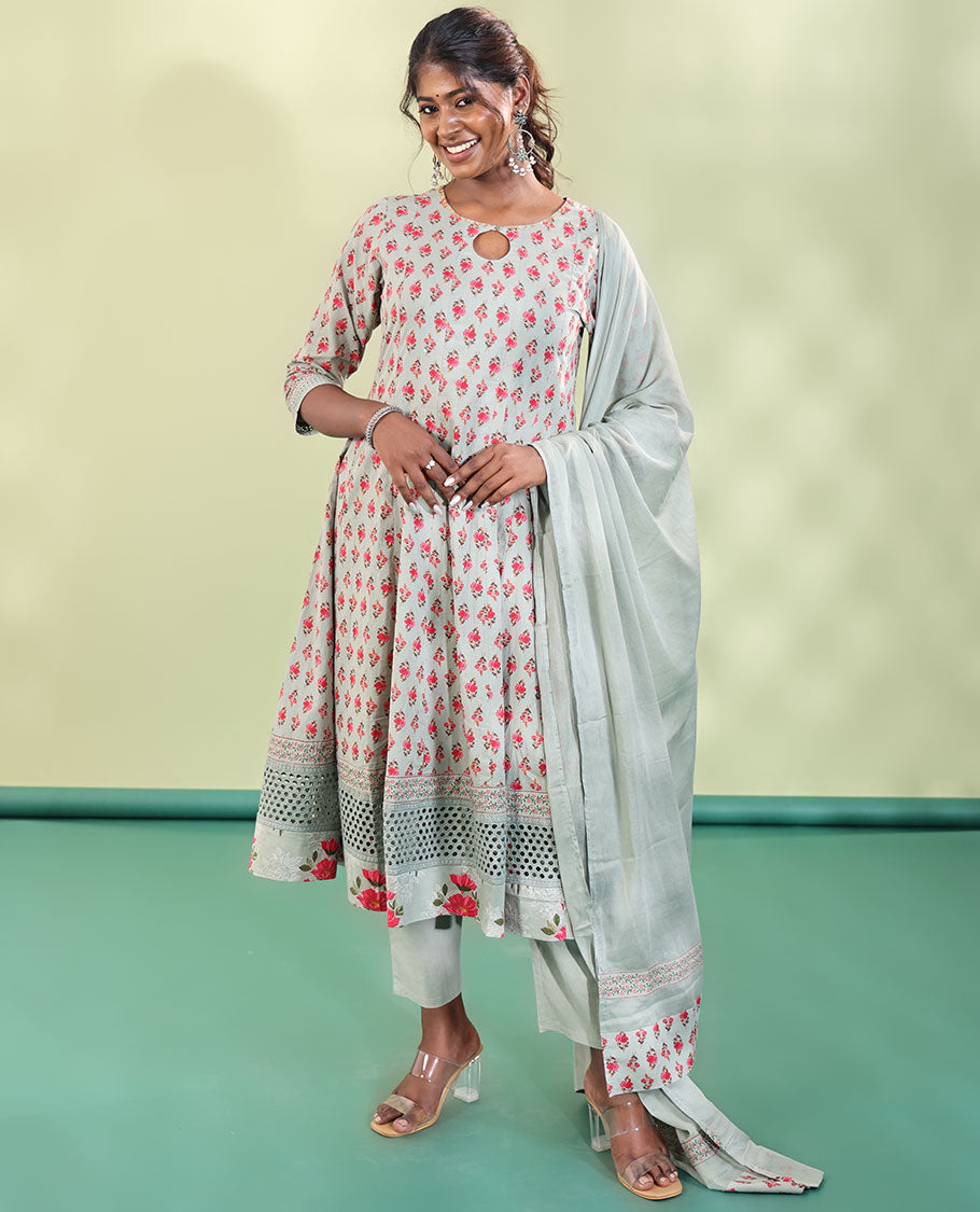 Green Cotton Readymade Suit, Comes with a Floral Printed Key-Hole Necked 3/4th Sleeved Acoba Cut-work Top, a Straight-Cut Pants, and a Floral Printed Dupatta