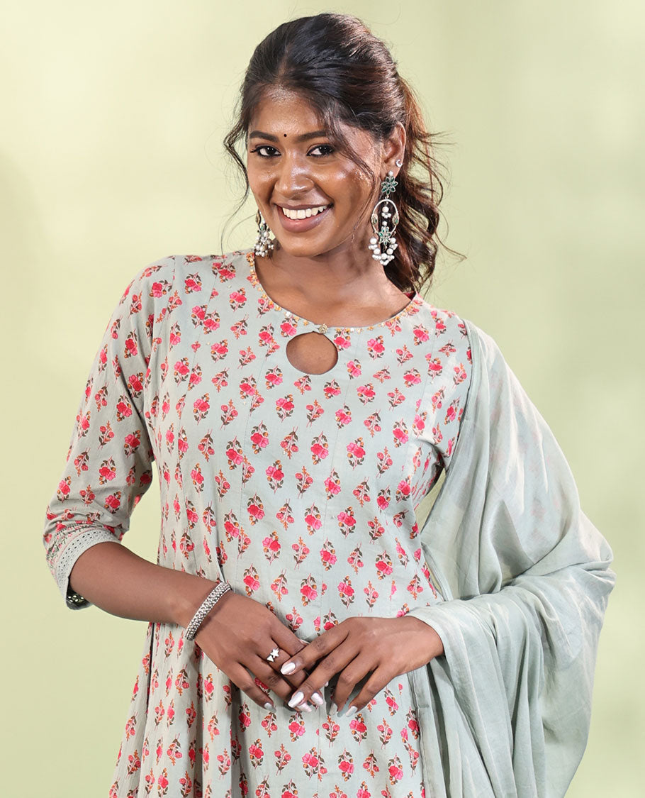 Green Cotton Readymade Suit, Comes with a Floral Printed Key-Hole Necked 3/4th Sleeved Acoba Cut-work Top, a Straight-Cut Pants, and a Floral Printed Dupatta