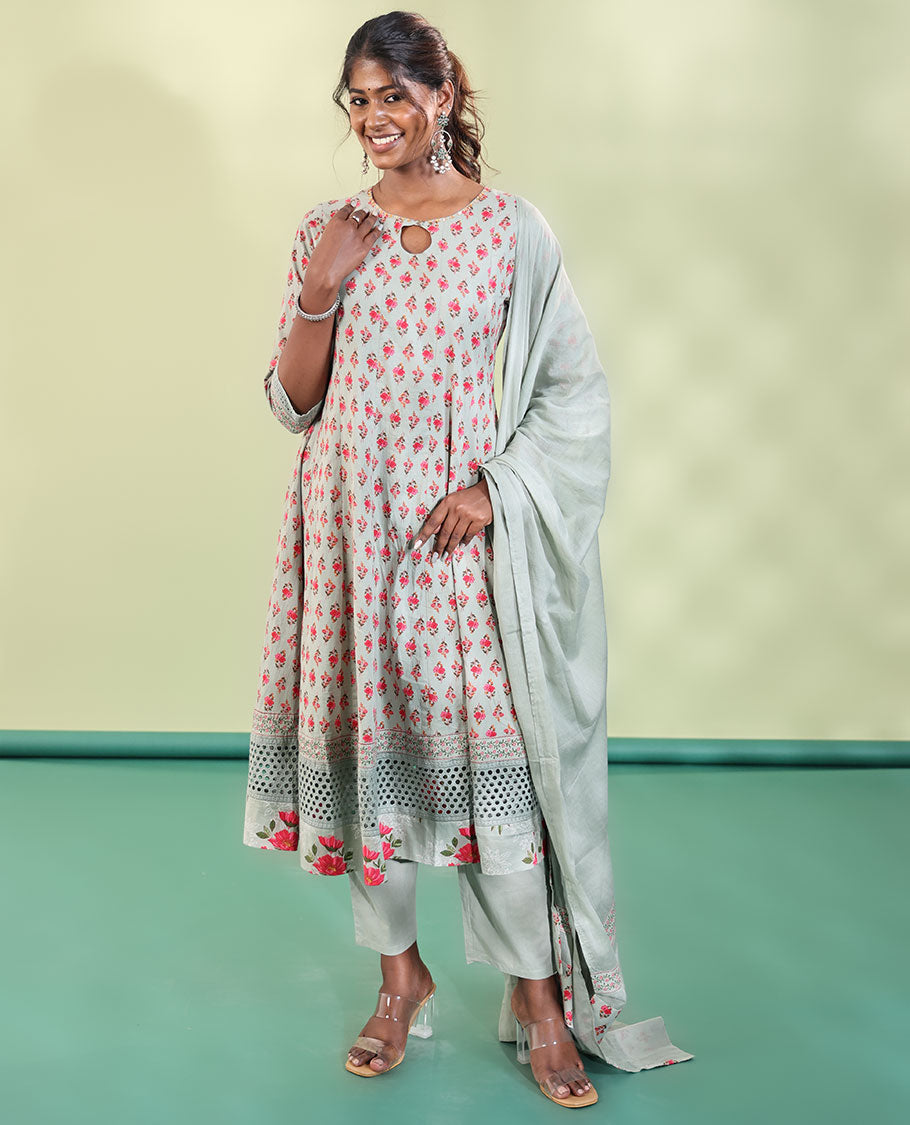 Green Cotton Readymade Suit, Comes with a Floral Printed Key-Hole Necked 3/4th Sleeved Acoba Cut-work Top, a Straight-Cut Pants, and a Floral Printed Dupatta