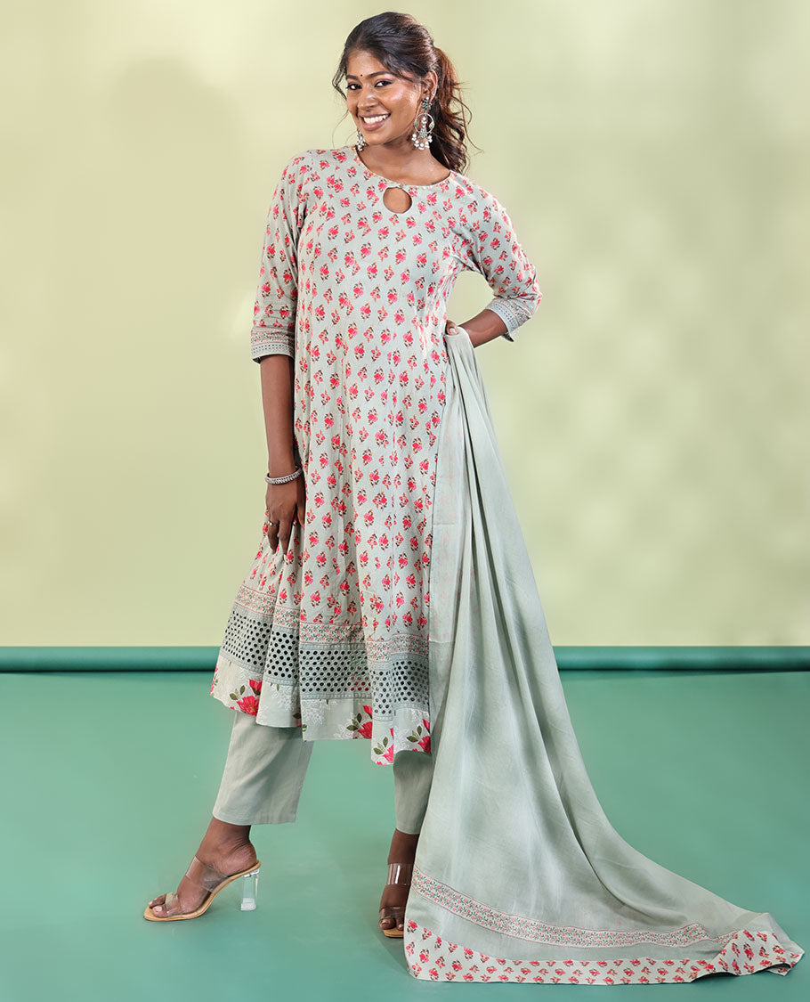 Green Cotton Readymade Suit, Comes with a Floral Printed Key-Hole Necked 3/4th Sleeved Acoba Cut-work Top, a Straight-Cut Pants, and a Floral Printed Dupatta