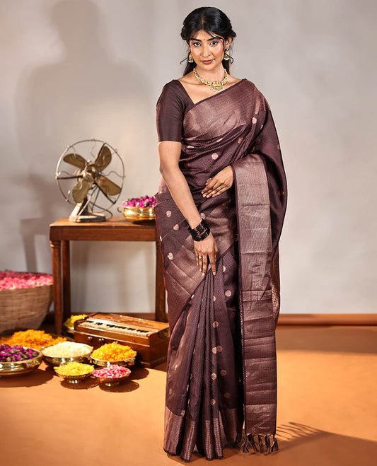 Coffee Brown Vasundhara Silk Saree, Finely Crafted with Raindrop Buttas, and Annam Chakram Bu\ttas on Its Body, Highlighted by a Zari Geometric-Textured Border, Gleaming Copper-Colored Zari Pallu of Jaal Designs, and Paired with a Matching Blouse