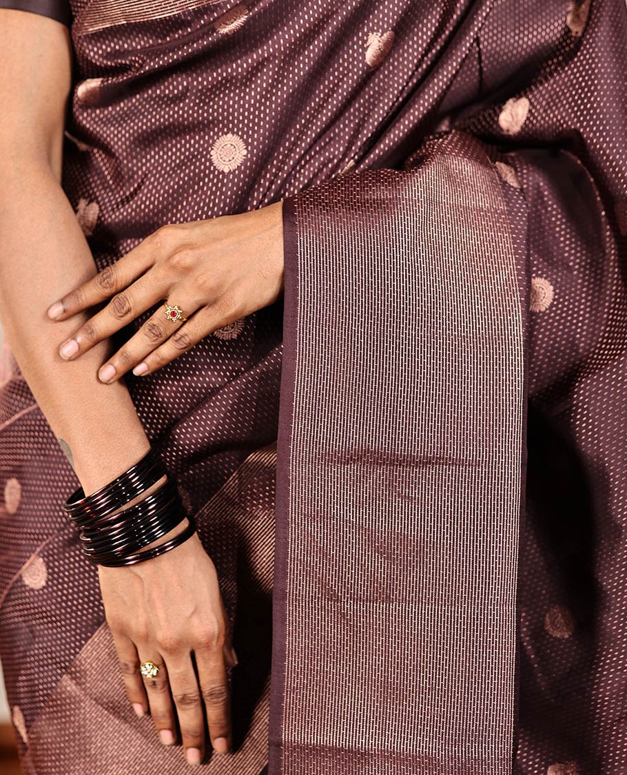 Coffee Brown Vasundhara Silk Saree, Finely Crafted with Raindrop Buttas, and Annam Chakram Bu\ttas on Its Body, Highlighted by a Zari Geometric-Textured Border, Gleaming Copper-Colored Zari Pallu of Jaal Designs, and Paired with a Matching Blouse