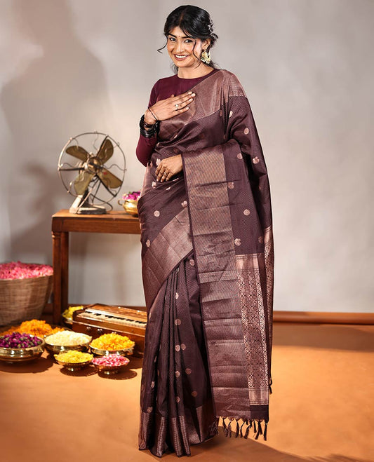 Coffee Brown Vasundhara Silk Saree, Finely Crafted with Raindrop Buttas, and Annam Chakram Bu\ttas on Its Body, Highlighted by a Zari Geometric-Textured Border, Gleaming Copper-Colored Zari Pallu of Jaal Designs, and Paired with a Matching Blouse