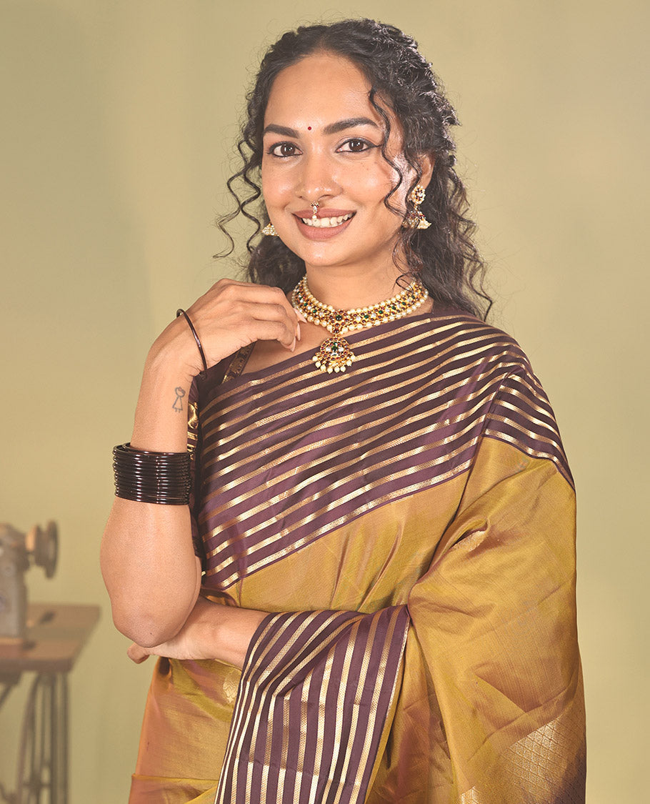 Mustard Vasundhara Lite Silk Mix Saree, Sparsely Woven with Zari Buttas on Its Body, Complemented by a Captivating Contrast Border of Kuyil Kann Designs, Grand Jaal Pallu, and Paired with a Contrast Blouse