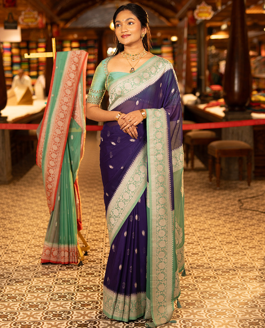 Purple Banarasi Georgette Saree, Accentuated with Zari Buttas All Over Its Body, Complemented by a Contrast Floral Creeper Design Border, Pallu of Paisleys, and Paired with a Contrast Blouse