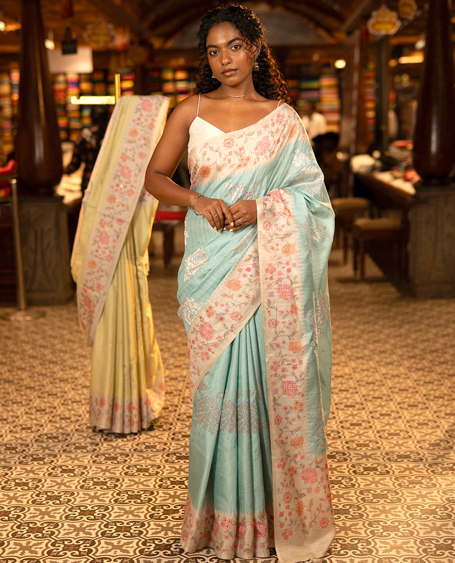 Sky Blue Fancy Tussar Silk Saree, Gleamed Up with Small Gold Buttas, and Applique Embroidery on Its Body, Complemented by a Contrast Temple Floral Creeper Printed Border, Pallu of Floral Creeper Print, and Paired with a Contrast Blouse