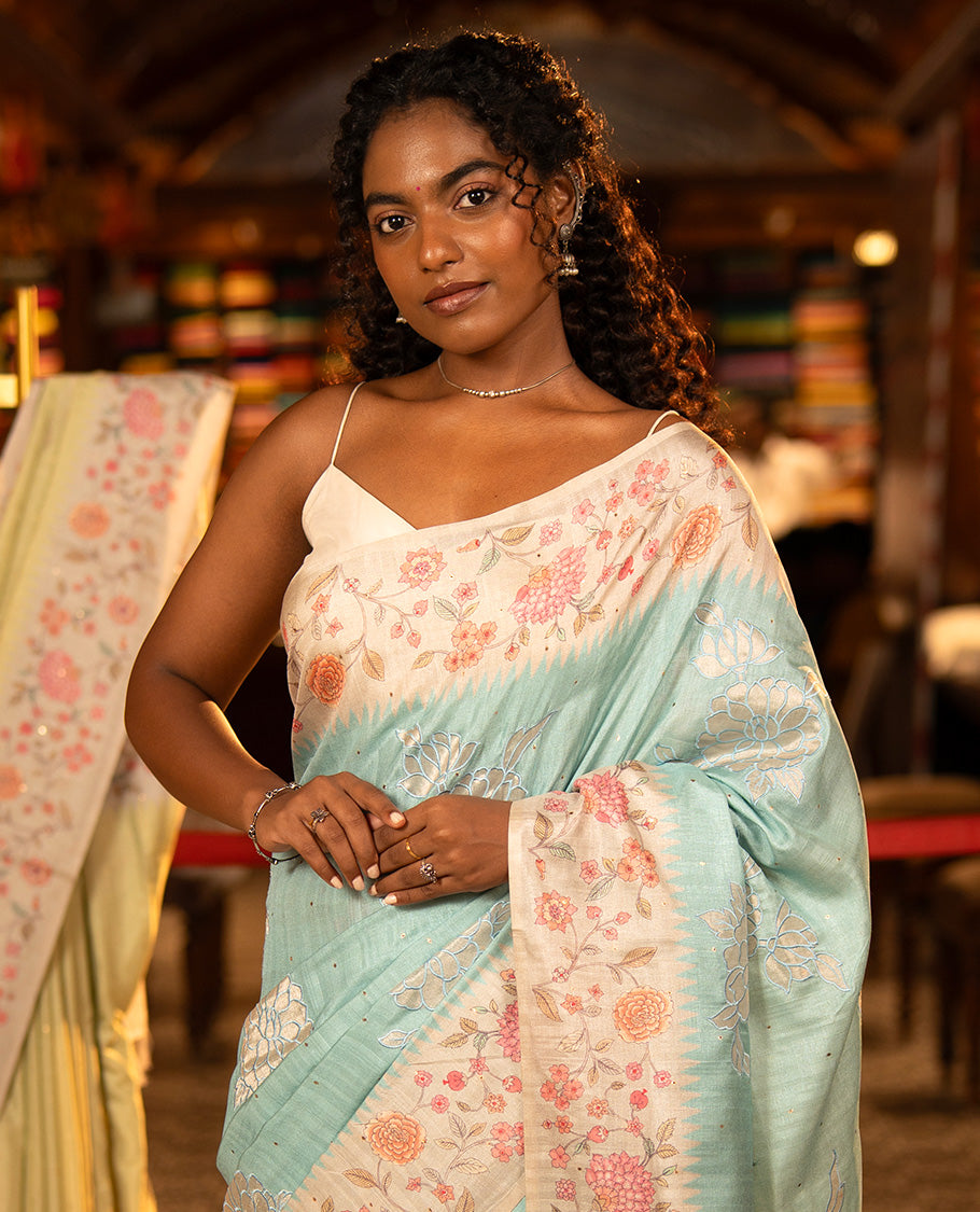 Blue Fancy Tussar Silk Saree, Gleamed Up with Zari Buttas, and Applique Embroidery on Its Body, Complemented by a Contrast Temple Floral Creeper Printed Border, Pallu of Floral Creeper Print, and Paired with a Contrast Blouse