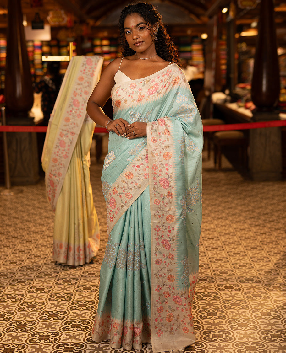 Blue Fancy Tussar Silk Saree, Gleamed Up with Zari Buttas, and Applique Embroidery on Its Body, Complemented by a Contrast Temple Floral Creeper Printed Border, Pallu of Floral Creeper Print, and Paired with a Contrast Blouse