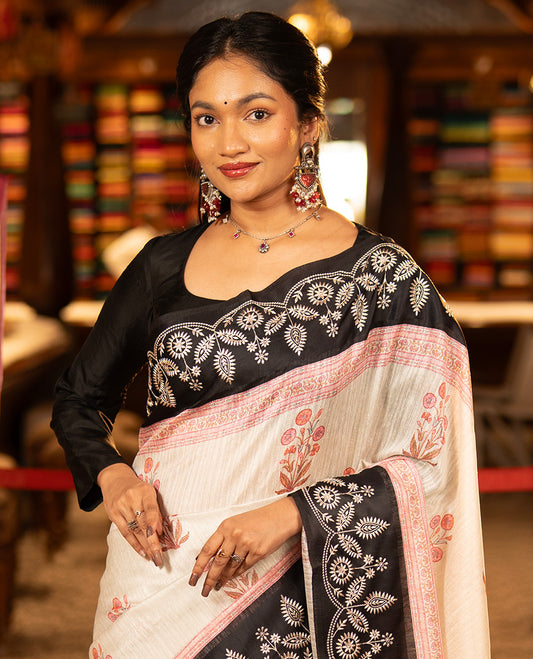 Black Green-Silk Saree, Adorned with Floral Motifs, Block Print on Its Body, Complemented by a Contrast Thread Embroidered Border, Pallu of Floral Block Print, and Paired with a Contrast Blouse