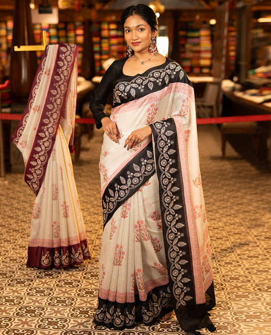 Black Green-Silk Saree, Adorned with Floral Motifs, Block Print on Its Body, Complemented by a Contrast Thread Embroidered Border, Pallu of Floral Block Print, and Paired with a Contrast Blouse