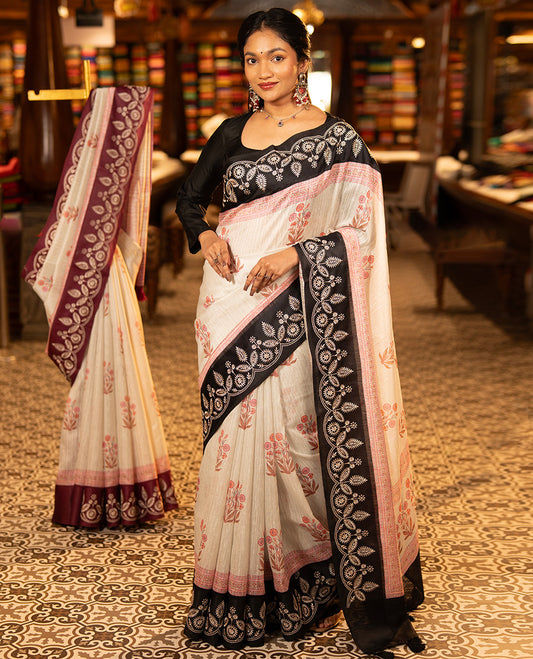 Black Green-Silk Saree, Adorned with Floral Motifs, Block Print on Its Body, Complemented by a Contrast Thread Embroidered Border, Pallu of Floral Block Print, and Paired with a Contrast Blouse