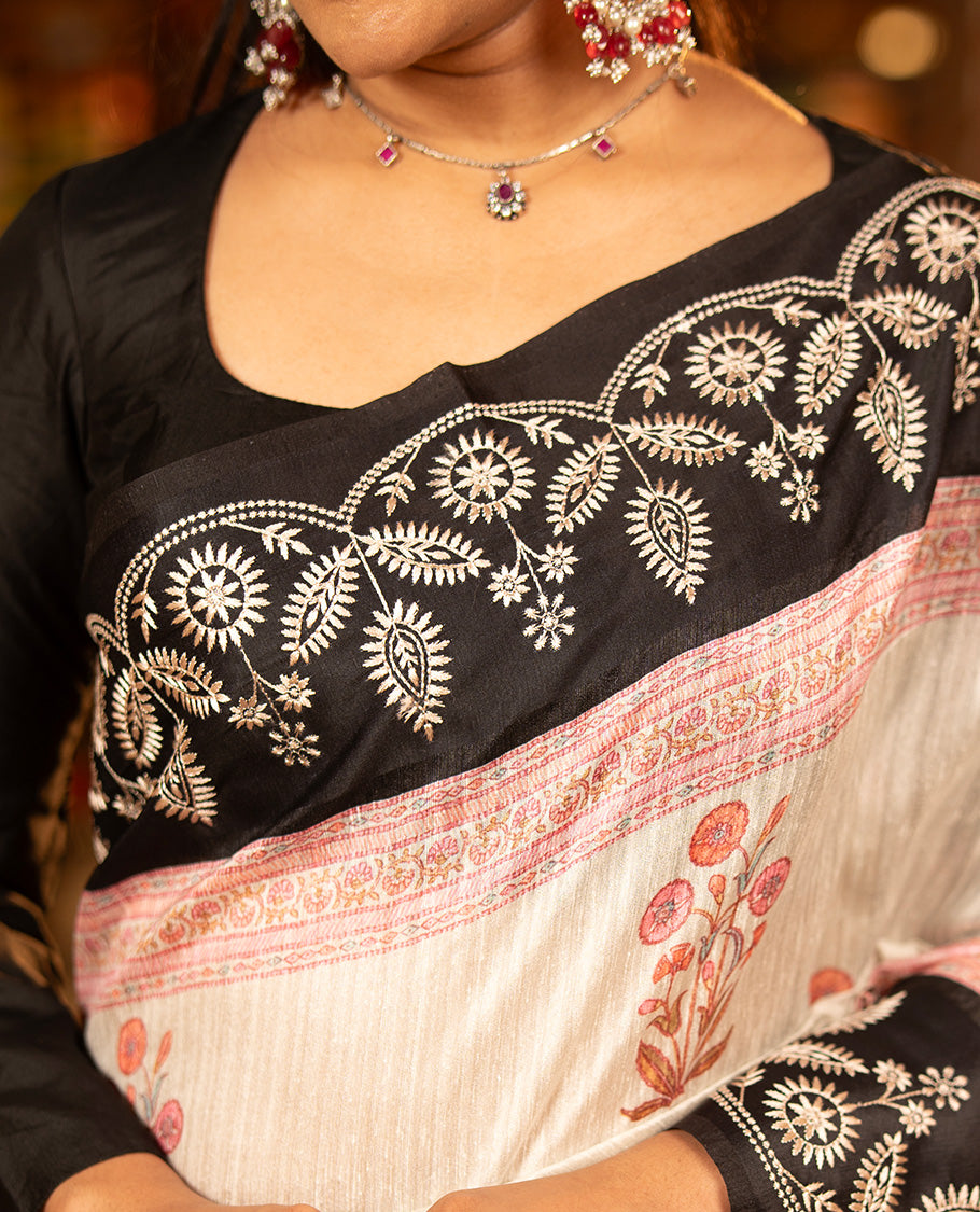 Black Green-Silk Saree, Adorned with Floral Motifs, Block Print on Its Body, Complemented by a Contrast Thread Embroidered Border, Pallu of Floral Block Print, and Paired with a Contrast Blouse
