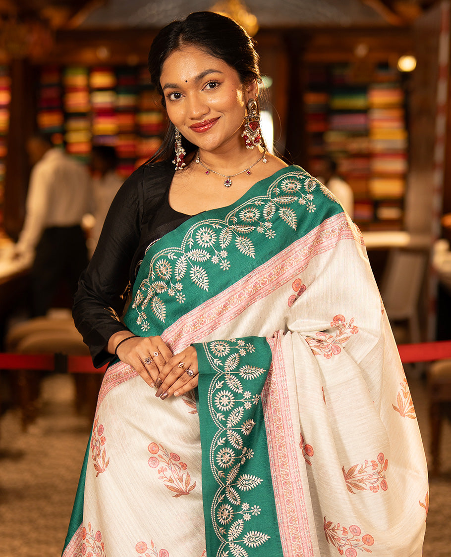 Maragatha Green Green-Silk Saree, Mesmerized with Floral Motifs, Block Print on Its Body, Complemented by a Contrast Thread Embroidered Border, Pallu of Floral Block Print, and Paired with a Contrast Blouse