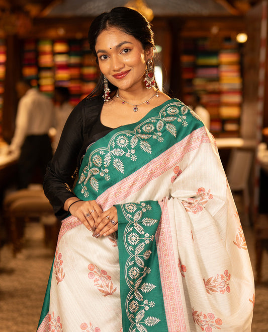Maragatha Green Green-Silk Saree, Mesmerized with Floral Motifs, Block Print on Its Body, Complemented by a Contrast Thread Embroidered Border, Pallu of Floral Block Print, and Paired with a Contrast Blouse
