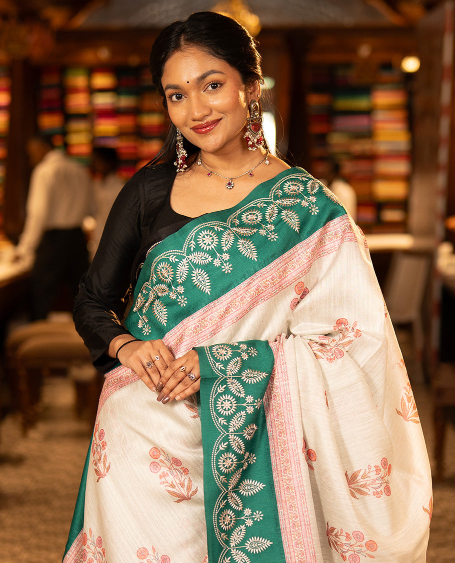 Maragatha Green Green-Silk Saree, Mesmerized with Floral Motifs, Block Print on Its Body, Complemented by a Contrast Thread Embroidered Border, Pallu of Floral Block Print, and Paired with a Contrast Blouse