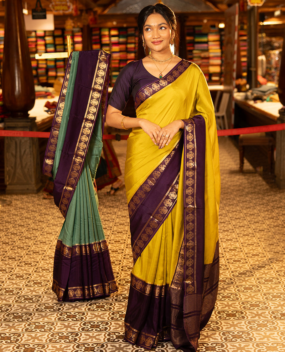 Mustard Plain Dola Silk Saree, Complemented by Contrast Rettai Pettu Ganda Berunda Motifs, Zari Border, Gleaming Zari Striped Pallu, and Paired with a Contrast Blouse