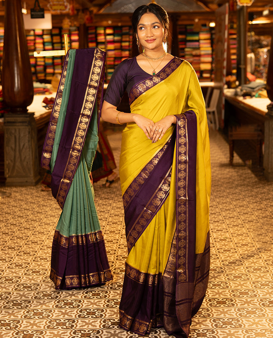 Mustard Plain Dola Silk Saree, Complemented by Contrast Rettai Pettu Ganda Berunda Motifs, Zari Border, Gleaming Zari Striped Pallu, and Paired with a Contrast Blouse