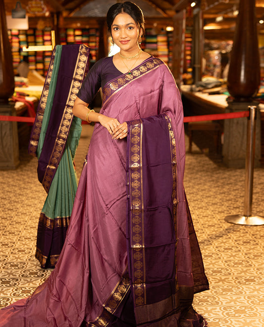 Onion Pink Plain Dola Silk Saree, Complemented by Contrast Rettai Pettu Ganda Berunda Motifs, Zari Border, Gleaming Zari Striped Pallu, and Paired with a Contrast Blouse