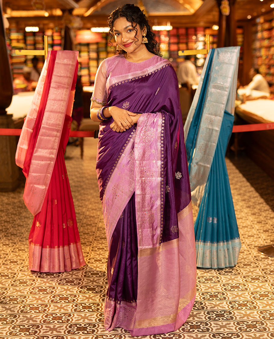 Purple Green-Mango-Silk Saree, Accentulated with Zari Buttas All Over Its Body, Complemented by a Contrast Meenakari Zari Border of Floral Designs, Gleaming Zari Pallu, and Paired with a Contrast Blouse