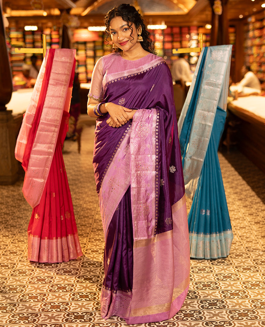 Purple Green-Mango-Silk Saree, Accentulated with Zari Buttas All Over Its Body, Complemented by a Contrast Meenakari Zari Border of Floral Designs, Gleaming Zari Pallu, and Paired with a Contrast Blouse