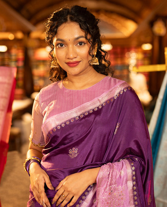 Purple Green-Mango-Silk Saree, Accentulated with Zari Buttas All Over Its Body, Complemented by a Contrast Meenakari Zari Border of Floral Designs, Gleaming Zari Pallu, and Paired with a Contrast Blouse
